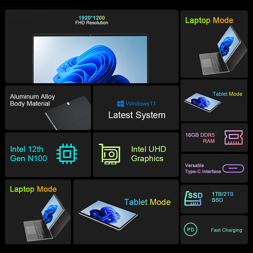 CRELANDER 2 in 1 Laptop Intel N100 Notebook 14 Inch 2K Touch Screen