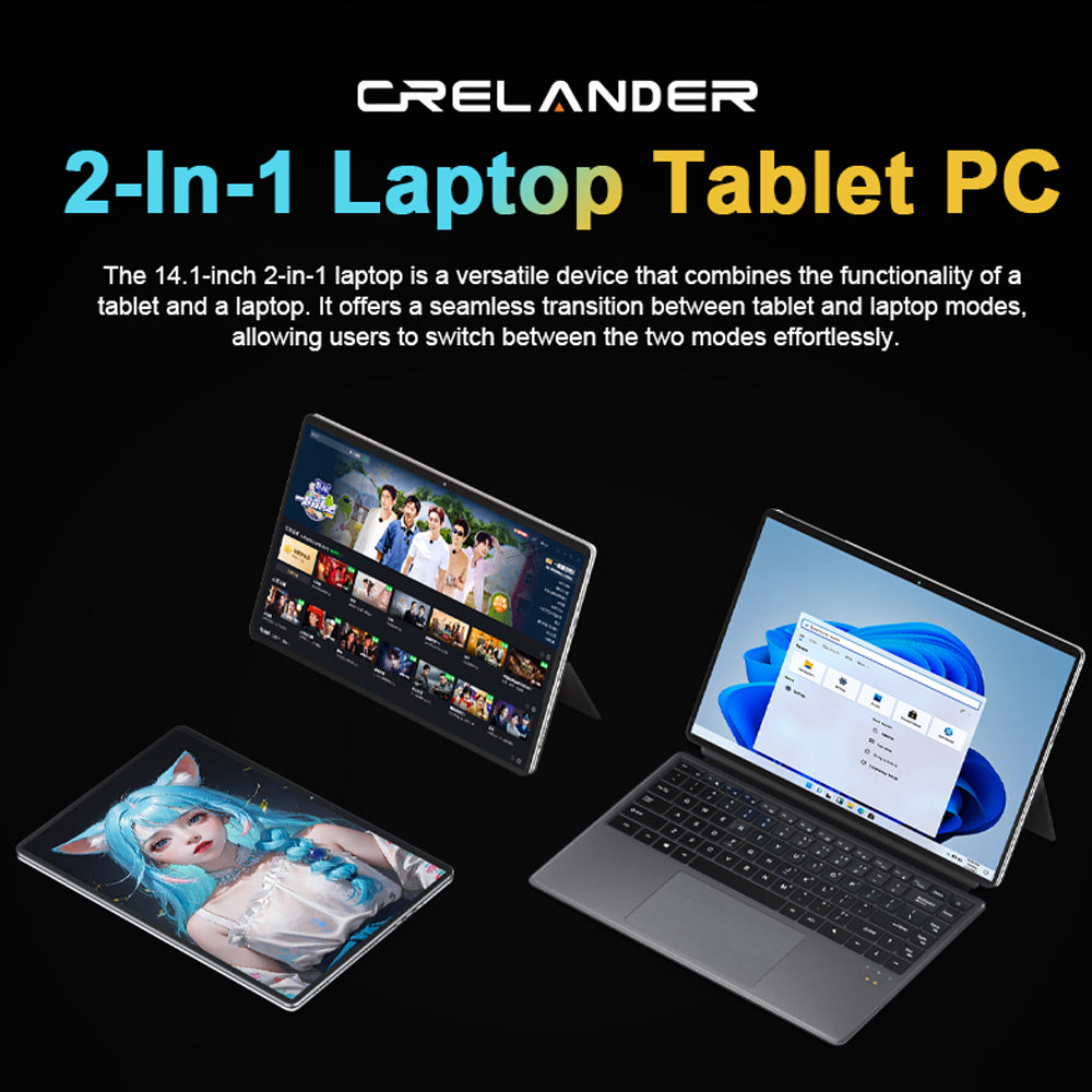 CRELANDER 2 in 1 Laptop Intel N100 Notebook 14 Inch 2K Touch Screen