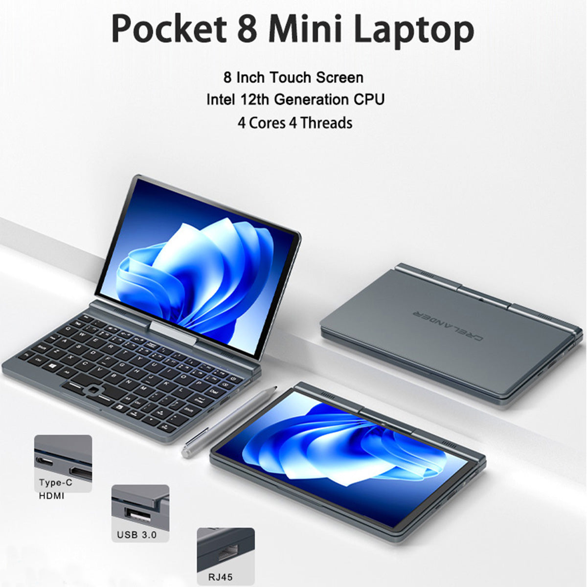 Crelander P8 Pocket Laptop 8 inch Intel Alder Lake N100 Mini PC