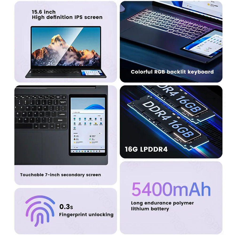 CRELANDER Dual Screen Laptop 15.6"+7" Touchscreen Laptops PC Notebook