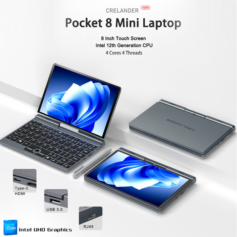 Crelander P8 Pocket Laptop 8 inch Intel Alder Lake N100 Mini PC