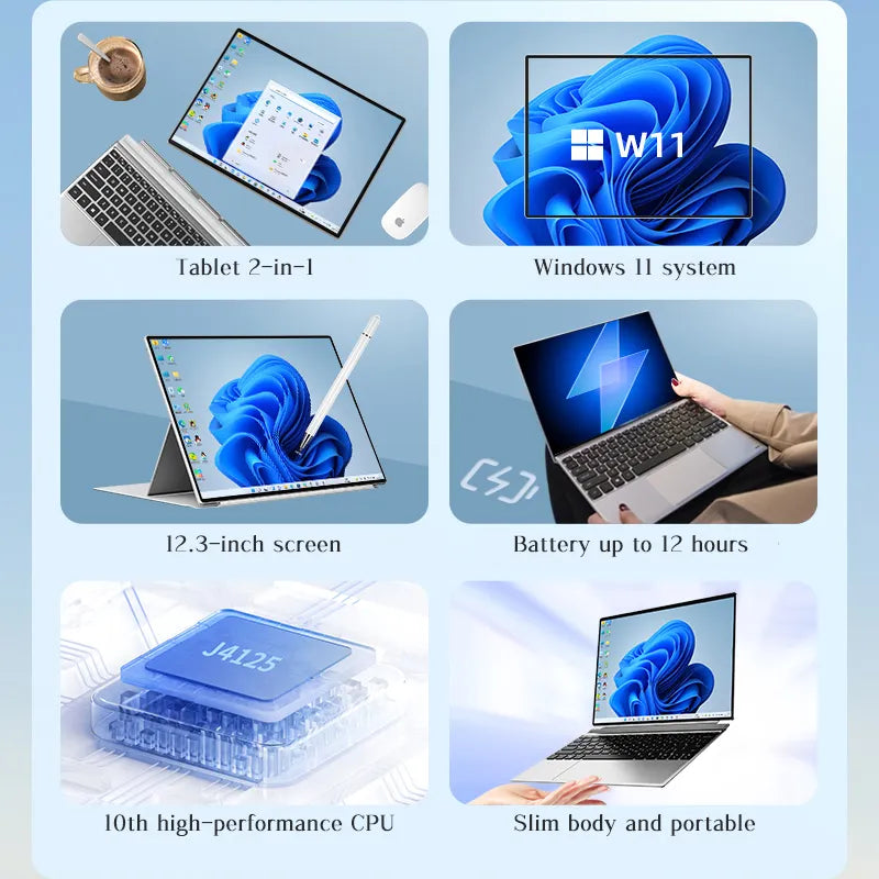 CRELANDER 2 in 1 Laptop 12 inch IPS Tablet PC Portable Notebook Computer