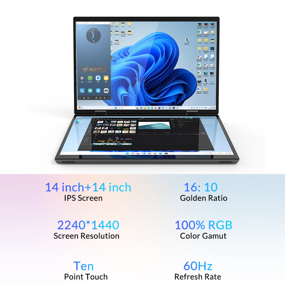 CRELANDER Dual Sceen Laptop 14+14 Inch Intel N95 CPU 360 Degree